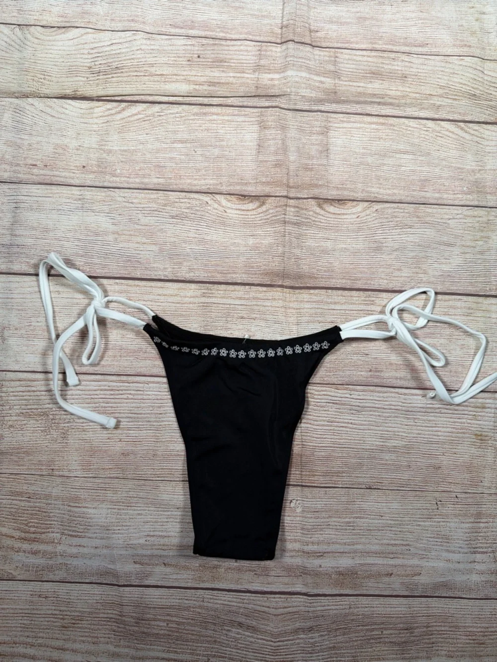 Frankie's Bikinis by PINK Black Bikini Bottom with White Floral Embroidery & bow